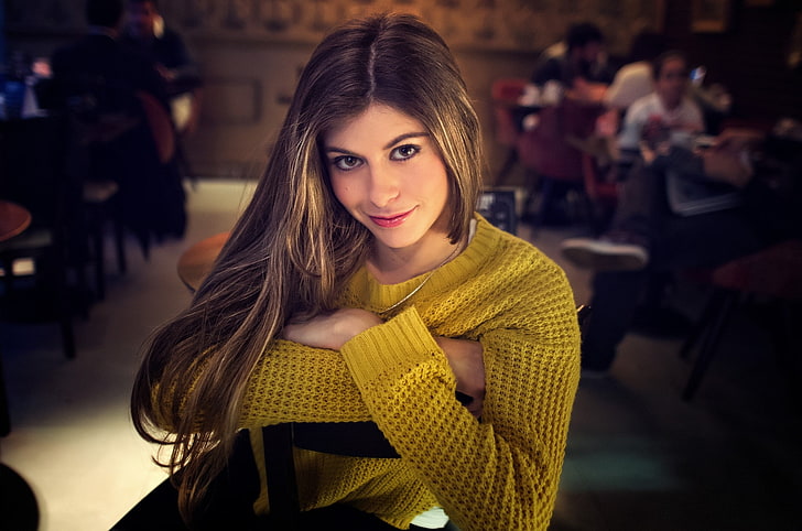 Adriano Perticone, women, model, long hair, looking at viewer, blonde, smiling, sweater, sitting, face, eyes, wavy hair, yellow sweater, HD wallpaper