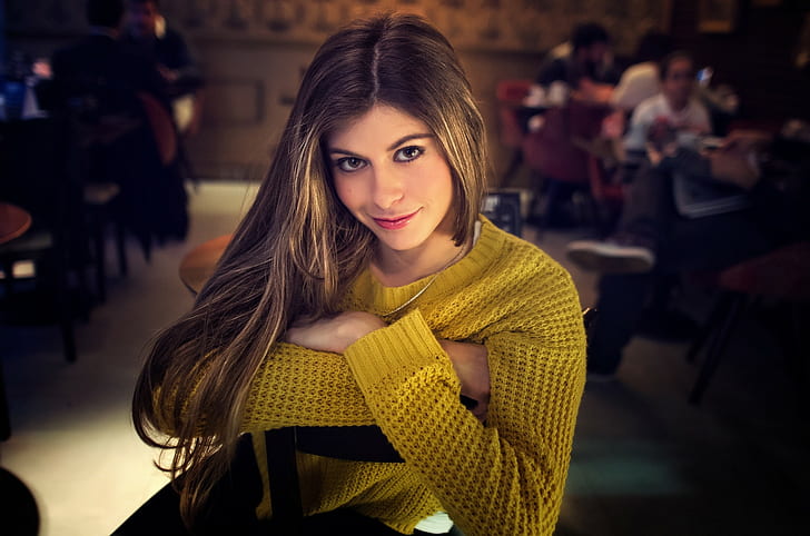 smiling, eyes, wavy hair, sitting, women, Adriano Perticone, looking at viewer, face, yellow sweater, long hair, model, blonde, sweater, HD wallpaper