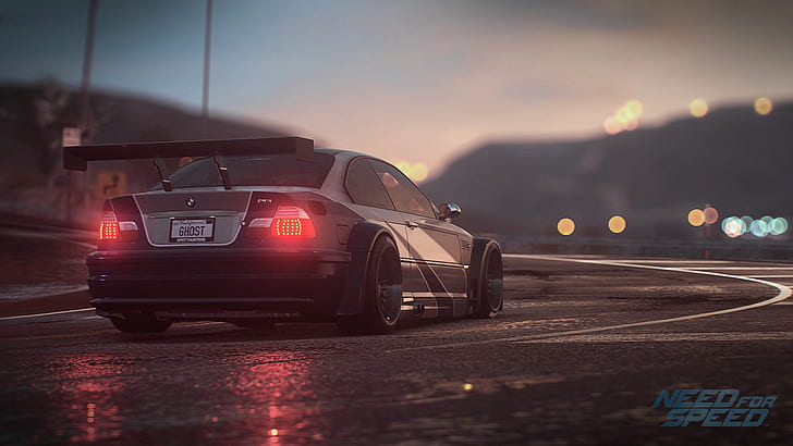 BMW M3 GTR, car, Depth Of Field, need for speed, road, Tailights, Tuning, vehicle, video games, HD wallpaper