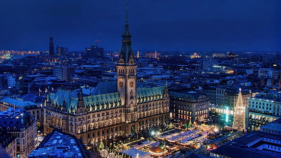 cathedral illustration, brown and teal palace at nighttime, cityscape, architecture, tower, old building, Germany, Hamburg, town square, rooftops, markets, Christmas Tree, evening, church, winter, lights, street, bird's eye view, aerial view, city lights, HD wallpaper HD wallpaper