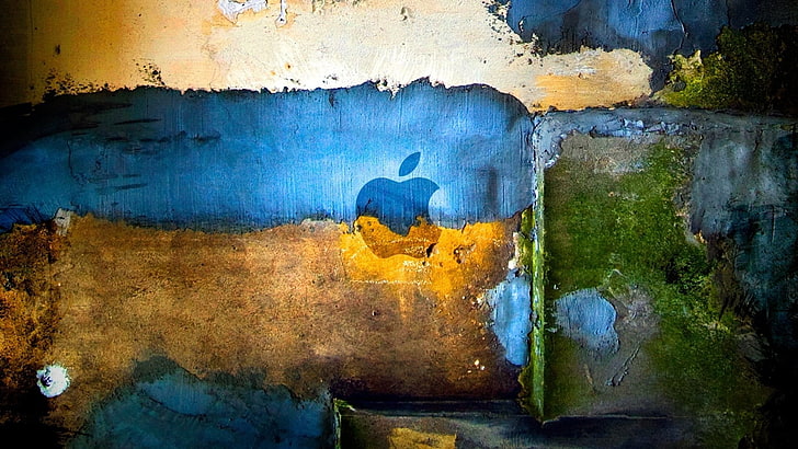 blue, orange, and white Apple painting, Ukraine, Apple Inc., grunge, colorful, texture, cyan, yellow, blue, HD wallpaper