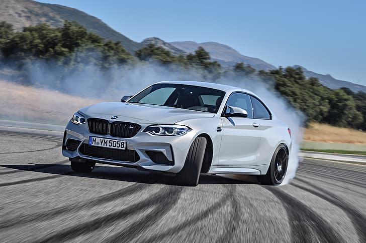 asphalt, traces, smoke, coupe, turn, BMW, rubber, 2018, F87, M2, M2 Competition, HD wallpaper