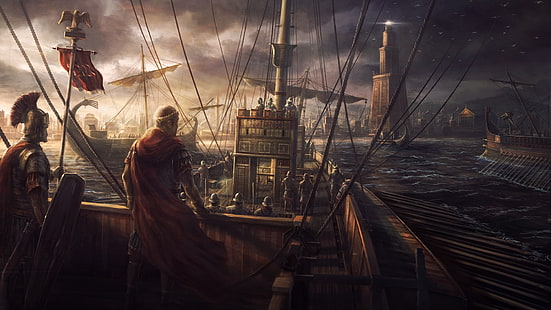group of men on boat painting, game, seagulls, ships, Egypt, Rome, army, total war, the Romans, total war : rome 2, Alexandria, HD wallpaper HD wallpaper
