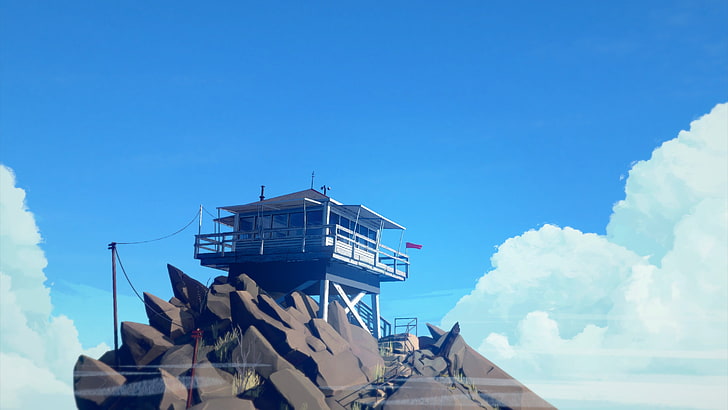 torre baywatch branca, casa cinza em cima do fragmento de pedra marrom no céu nublado durante o dia, videogame, relógio de fogo, nuvens, rochas, céu, trabalho artístico, ciano, brilhante, construção, HD papel de parede