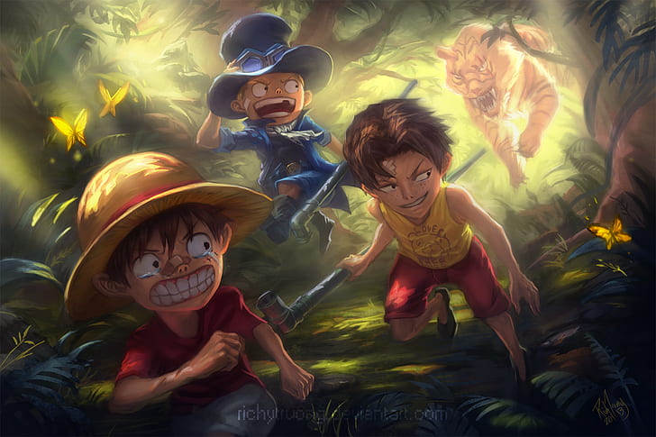 Anime, One Piece, Monkey D. Luffy, Portgas D. Ace, Sabo (One Piece), Straw Hat, HD tapet