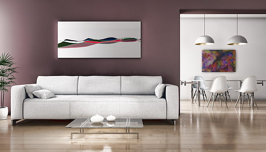 белый кожаный 3-местный диван, гостинная, диван, стол, стулья, картина, HD обои HD wallpaper
