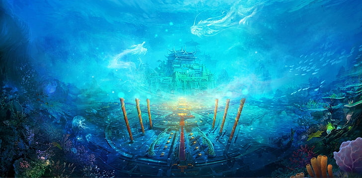 Atlantis illustration, fish, magic, dragons, corals, columns, temple, underwater world, under water, HD wallpaper