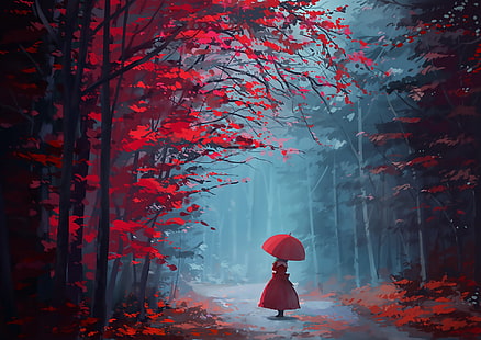 Mujer usando paraguas rojo, Anime, Touhou, Hina Kagiyama, Fondo de pantalla HD HD wallpaper