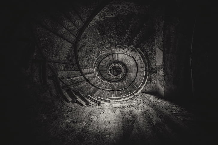 dark  monochrome  worms eye view  spiral  staircase  photography  stairs, HD wallpaper