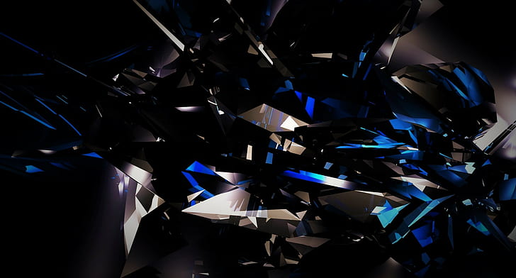 nero scuro astratto 3d frammenti di vetro blu luminoso, Sfondo HD