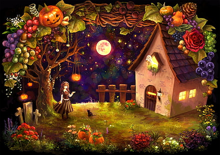 flicka som står under brunt träd framför huset animerad tapet, katt, stjärnor, natt, hus, månen, kors, skörd, flicka, pumpa, hydda, frukt, grönsaker, halloween, spöke, HD tapet HD wallpaper