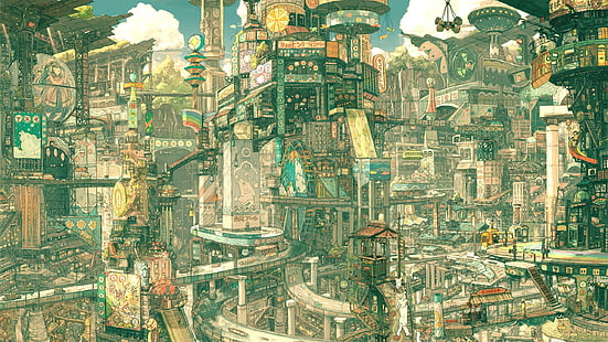 tela pittorica villaggio multicolore, disegno, città, futuristico, ragazzo imperiale, città futuristica, città fantasy, Sfondo HD HD wallpaper
