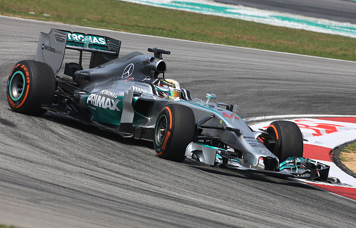 carro de corrida Mercedes-Benz F1 cinza e verde, Mercedes, Fórmula 1, AMG, Lewis Hamilton, V6 1.6l Turbo, F1 W05, HD papel de parede