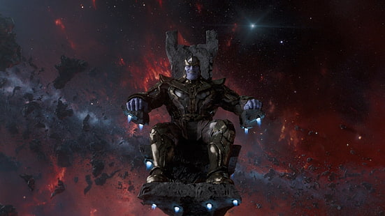 uomo seduto sul poster del gioco del trono, Thanos, IMAX, Guardiani della Galassia Vol.1, Marvel Comics, Marvel Cinematic Universe, spazio, film, fantascienza, Corazzato, armatura, sorridente, Sfondo HD HD wallpaper