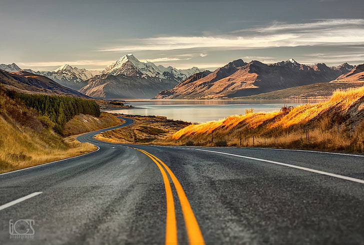 дорога, горы, Новая Зеландия, Южный остров, Южные Альпы, HD обои