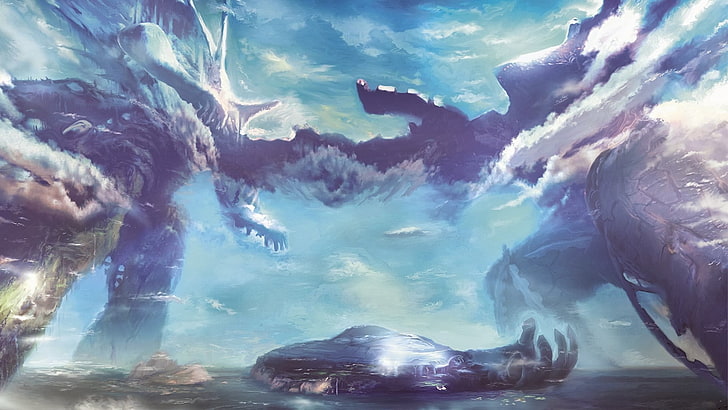 lukisan pesawat ruang angkasa, Xenoblade Chronicles, awan, pemandangan, video game, Xenoblade, Wallpaper HD