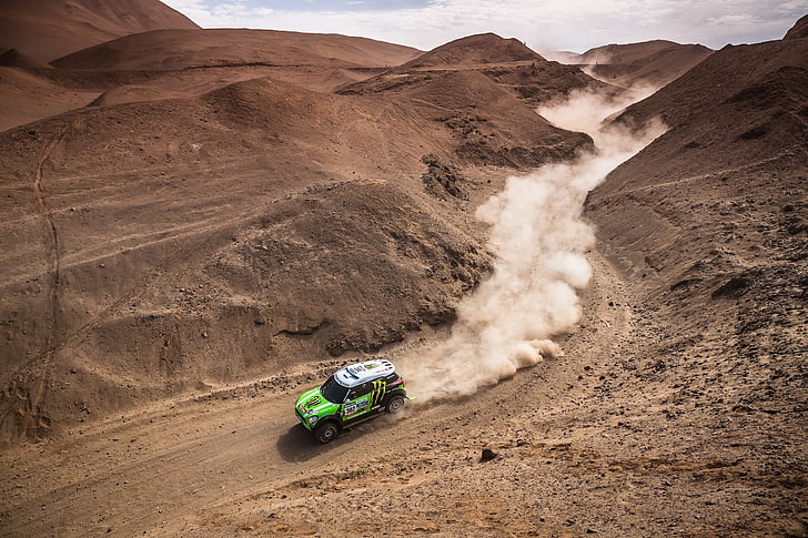 Auto, Dust, Sport, Desert, Green, Machine, Race, Hills, Mini Cooper, The view from the top, Rally, Dakar, SUV, MINI, HD wallpaper