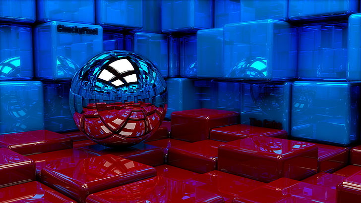 graue Kugel, Kugel, Würfel, Metall, blau, rot, Reflexion, HD-Hintergrundbild