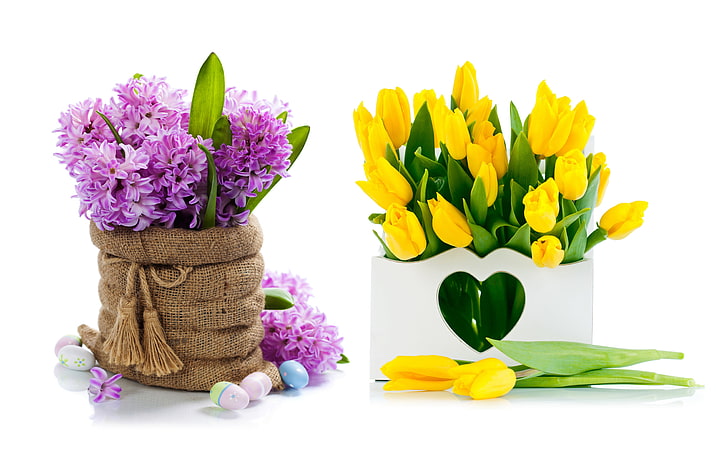 hyacinth and tulip, flowers, eggs, bouquet, yellow, tulips, spring, easter, hyacinths, lilac, HD wallpaper