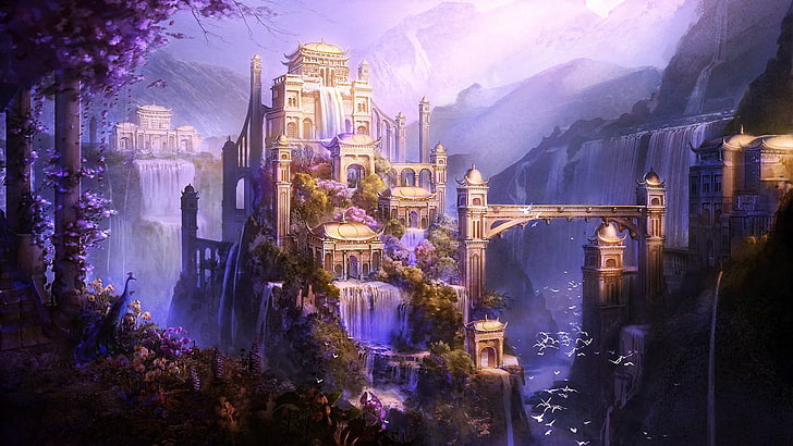 tapeta z gry, Shangri-La, sztuka fantasy, zamek, miasto, góry, grafika, wodospad, Tapety HD
