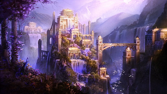 carta da parati del gioco, Shangri-La, fantasy art, castello, città, montagne, opere d'arte, cascata, Sfondo HD HD wallpaper