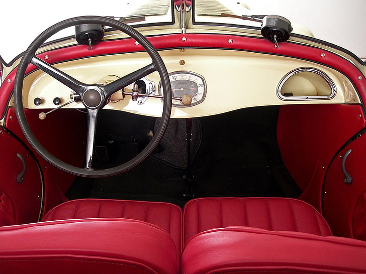roter und schwarzer fahrzeuginnenraum, adler, 1935, rot, salon, innenraum, lenkrad, retro, HD-Hintergrundbild