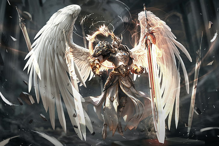 рисунок, ангел, воин, оружие, меч, крылья, перья, шлем, плавающий, броня, пыль, дым, ветер, лезвия, заклинание, HD обои