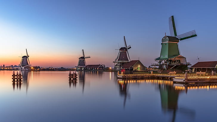 windmills, windmill, reflection, zaanse schans, tourist attraction, mill, canal, energy, calm, zaandam, netherlands, HD wallpaper