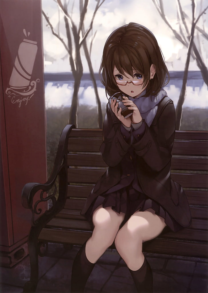 meganekko, anime girl, sitting, school uniform, bench, Anime, HD wallpaper