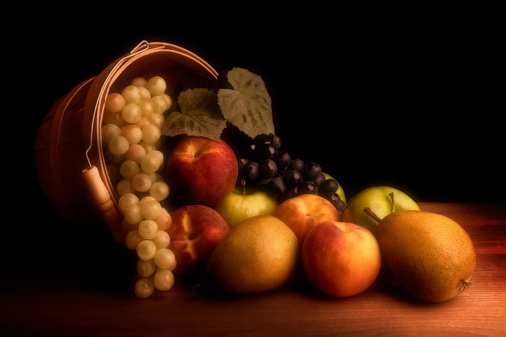 cesto di frutta dipinto, mele, uva, frutta, natura morta, pesche, pera, Sfondo HD