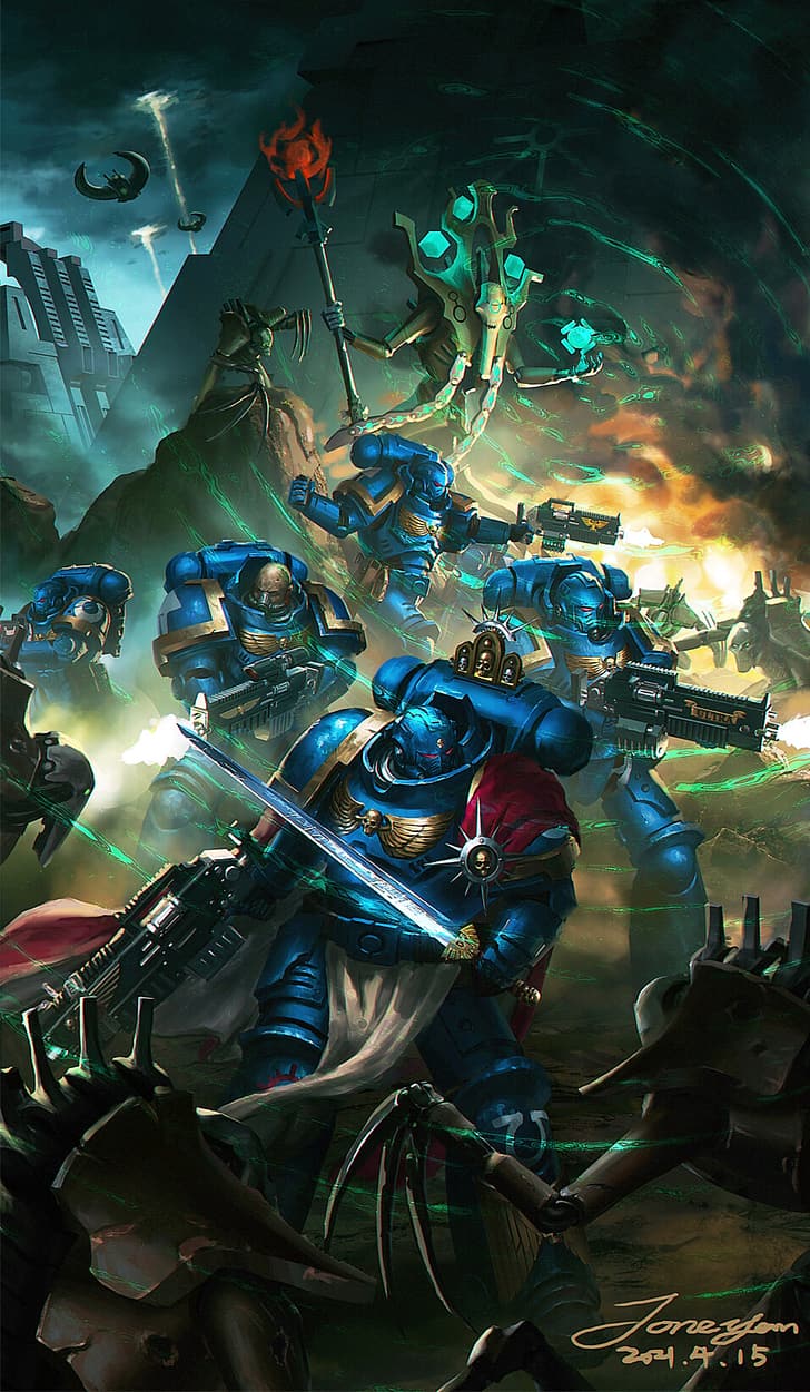 science fiction, Warhammer, Warhammer 30,000, Warhammer 40,000, Necrons, blue, power armor, power sword, bolter, Ultramarines, cryptek, green, gold, red, ruins, HD wallpaper