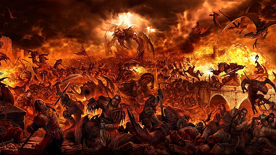 ilustração de guerra de homem e dragão, arte da fantasia, arte digital, batalha, dragão, criatura, soldado, guerreiro, fogo, espada, nuvens, gigante, HD papel de parede HD wallpaper