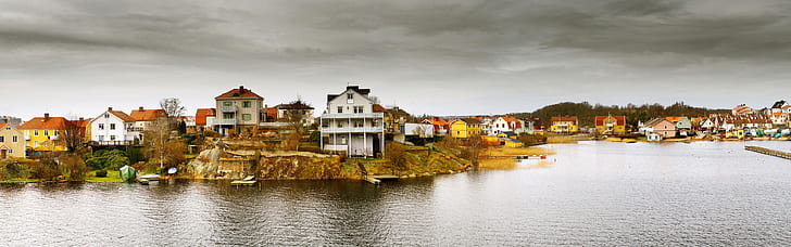 Idyllic houses, archipelago, Pantarholmen, Karlskrona, Sweden, rain cloud, Idyllic, Houses, Archipelago, Pantarholmen, Karlskrona, Sweden, HD wallpaper