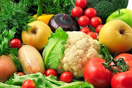 variedad de frutas y verduras, verduras, manzanas, moño, eneldo, berenjenas, frutas, verduras, ensalada, brócoli, coliflor, cilantro, Fondo de pantalla HD HD wallpaper