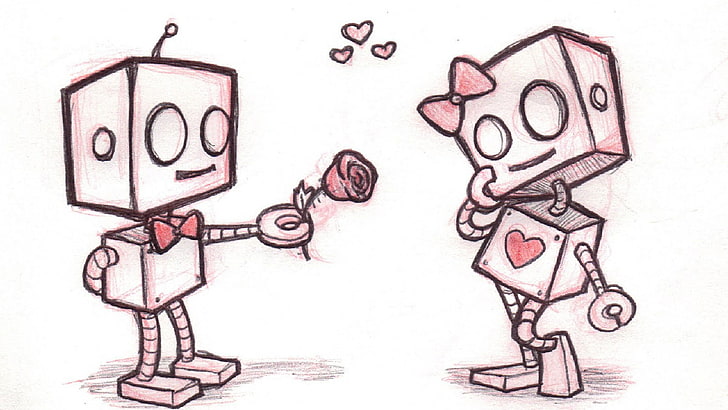 로봇, 스케치, 사랑, 귀여운, 만나고, 관계, 꽃, 커플, 낭만적 인, 로맨스, 장미 꽃, 그림, HD 배경 화면