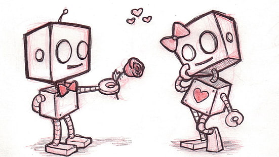 robot, skiss, kärlek, söt, flickaktigt, förhållande, blomma, par, romantisk, romantik, ros, ritning, HD tapet HD wallpaper