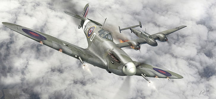 World War II, military, aircraft, military aircraft, UK, airplane, spitfire, Supermarine Spitfire, Royal Airforce, bf-110, HD wallpaper