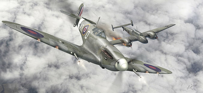 World War II, military, aircraft, military aircraft, UK, airplane, spitfire, Supermarine Spitfire, Royal Airforce, bf-110, HD wallpaper HD wallpaper