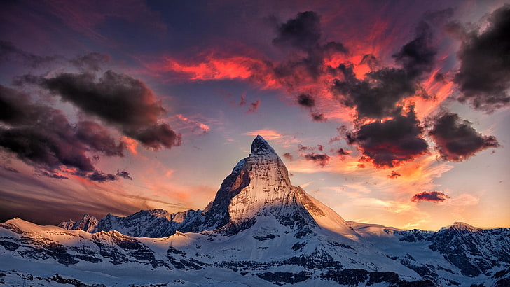 заснежена планина, природа, планини, Алпи, Матерхорн, небе, слънчева светлина, сняг, HD тапет