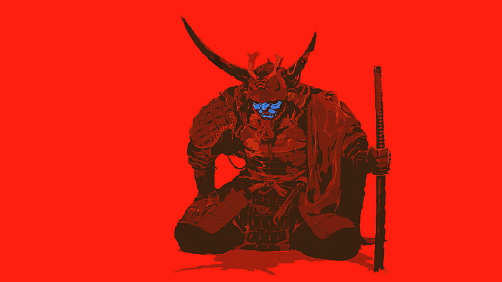 samurai con imágenes prediseñadas de cara azul, samurai, Japón, minimalismo, Fondo de pantalla HD