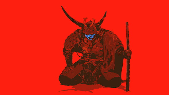 samurai com rosto azul clip-art, samurai, Japão, minimalismo, HD papel de parede HD wallpaper