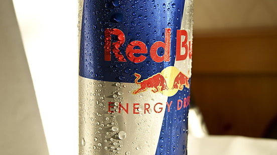 бело-синий энергетический напиток Red Bull жестяная банка, макро, Red Bull, HD обои HD wallpaper