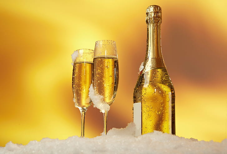 wine bottle with two champagne flute top of ice crushed ice, Wall, Food, wine bottle, champagne flute, top, crushed ice, alcohol, drink, celebration, champagne, gold Colored, HD wallpaper