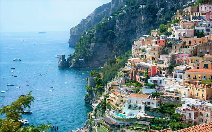 Miasta, Positano, Wybrzeże, Horyzont, Włochy, Ocean, morze, wioska, Tapety HD