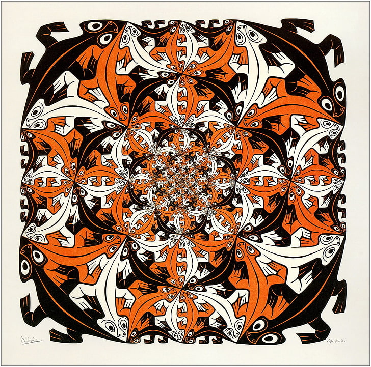 pittura astratta arancione, bianca e nera, opere d'arte, disegno, M. C. Escher, simmetria, illusione ottica, animali, lucertole, Sfondo HD
