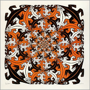 pintura abstrata laranja, branca e preta, obra de arte, desenho, M. C. Escher, simetria, ilusão de ótica, animais, lagartos, HD papel de parede HD wallpaper