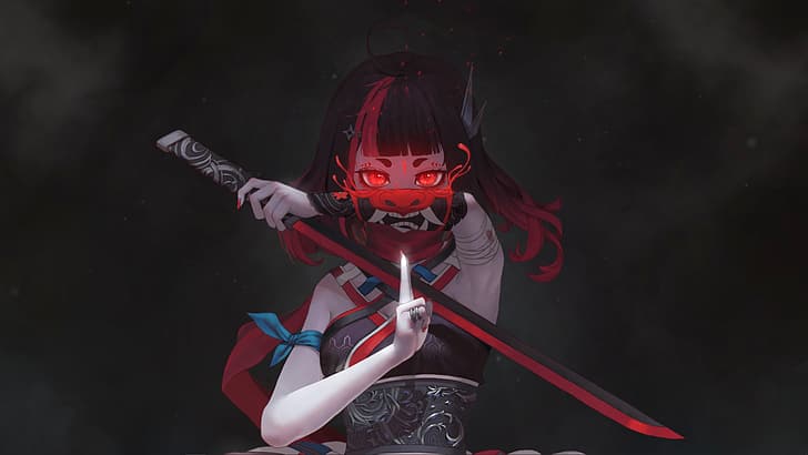 Ninja girl, oni mask, sword, red eyes, artwork, minimalism, HD wallpaper |  Wallpaperbetter