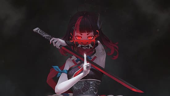 аниме, аниме девушки, меч, красный, фан арт, дьявол, ниндзя девушка, HD обои HD wallpaper