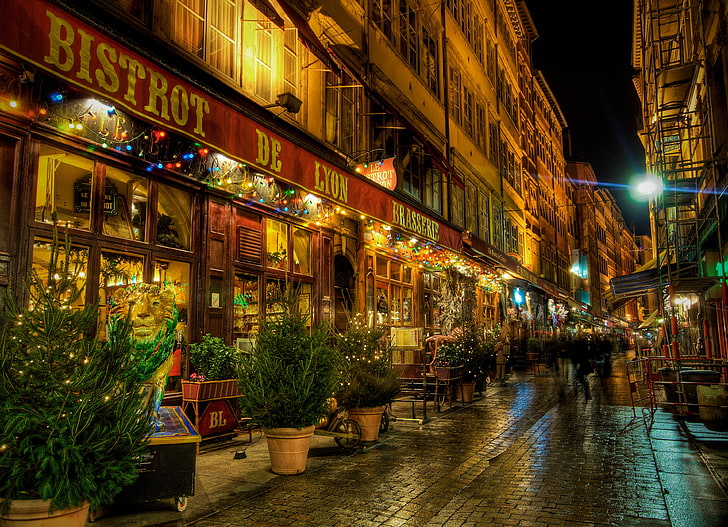 ночь, город, улица, Франция, Европа, ресторан, Лион, бистро, HD обои