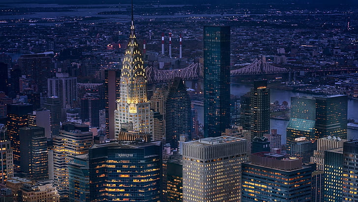 ciudad, luces, Estados Unidos, puente, noche, Nueva York, Manhattan, Nueva York, Nueva York, rascacielos, edificio Chrysler, arquitectura, edificio, paisaje urbano, Estados Unidos de América, Fondo de pantalla HD